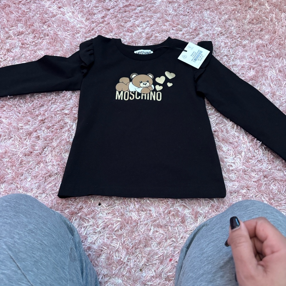 Moschino Black Long Sleeve Kids Tee with Bear and Heart Design